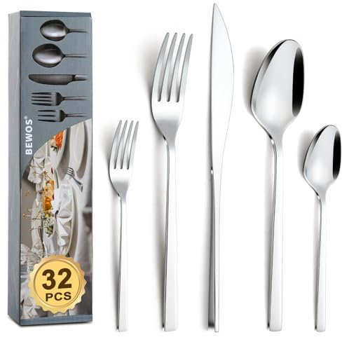 BEWOS Set de couverts pour 6 Personen, 30 pièces en acier inoxydable, Set de couverts incluant couteau, fourchette, cuillère, poli, brillant, lavable en lave-vaisselle