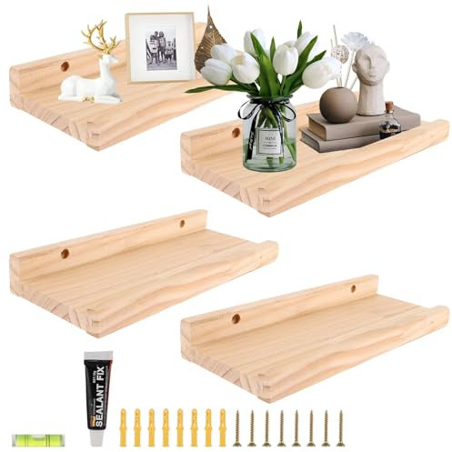 MUXHEL Juego de 4 estantes de pared de 30 cm de largo, de madera, pequeños estantes flotantes, estantería de pared flotante, estantería de madera, para salón, cocina, habitación de los niños,