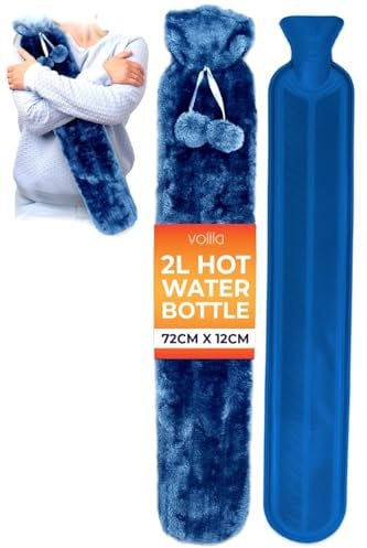 Long Hot Water Bottle for Back Ache and Pain Relief - 2L Soft Faux Fur Covered Hot Water Bottle with Cover and 2 Hanging Pom Poms - 72cm Luxury, Soft and Washable Hot Water Bag (1 Pack) (Blue)