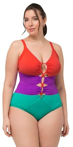 Ulla Popken Bañador Lisa, Colourblock 826476 Traje de baño de una Sola Pieza, Verde, 0 Mujeres