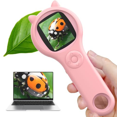 Mini Digital Microscope for Kids - Portable Handheld Magnifying Glass - Educational Science Toys, Christmas & Birthday Gifts for Age 3-8 Girls & Boys (Pink)