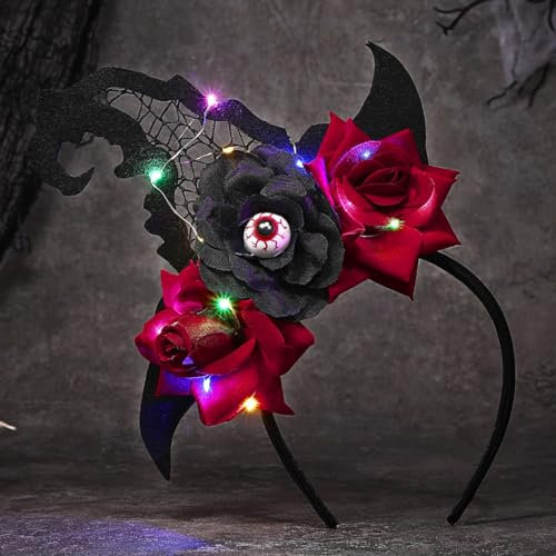 Ushiny Halloween Stirnbänder mit Lichtern für Frauen schwarzes Festival Stirnband Augapfel Party Kopfbedeckung Hexenhut LED Rave Accessoires für Frauen