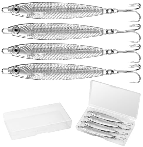 Annyswit 4 Pcs Metal Sea Fishing Lures with Trebles Hooks Silver Minnow Spoon Lures 20g 30g 40g 60g Pike Sea Fishing Tackle Metal Jigs for Mackerel & Cod & Bass & Freshwater