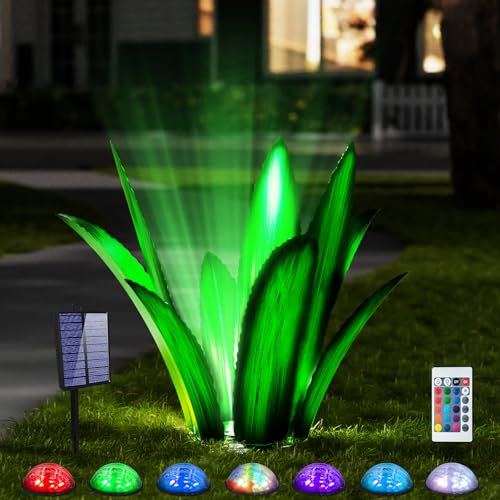 FLYVOLE Verbesserte große Metall-Hofkunst, Metall-Agave-Pflanzen-Hof-Dekorationen, Outdoor-Skulptur, Metallblumen für draußen, wasserdichte Outdoor-Gartendekoration (Grün (W/Solarlicht))