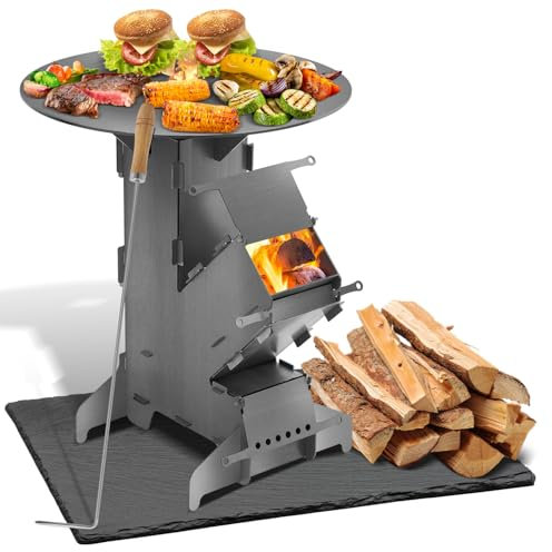 Peviasot Raketenofen mit Grillplatte und Feuerhaken Rocket Stove Outdoor 2 zusätzlichen Standfüßen Camping Holzofen BBQ Camping Campingkocher Campinggrill Raketenofen aus 3 mm starkem, massivem Stahl