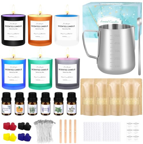 KERCAMKEL Kit para hacer velas,kit para hacer velas aromáticas,Kit de Regalo Bricolaje,6 vasos con tapa de madera,cera de abeja 480g,6 aceites esenciales,8 colores de cera de vela,100 Mechas de Velas