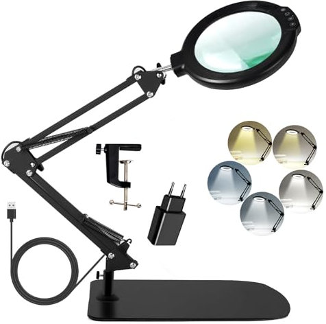 12 Fach Lupe mit Licht und Ständer, 5.2 Lupe mit 5 Farbmodi 10 dimmbare Helligkeit, 2-in-1-Schreibtischlampe mit Klemme, Hände frei Leselupe für Enge Arbeit, Reparatur Malerei (Aktualisierung)