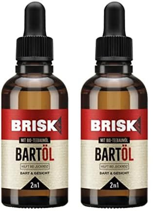 BRISK 2in1 Bartöl für Männer, 50 ml, Bartpflege mit Bio-Teebaumöl, zieht schnell ein, gepflegte Haut & weiche Barthaare, fettet nicht, zur Rasur, Gesichtspflege (Packung mit 2)