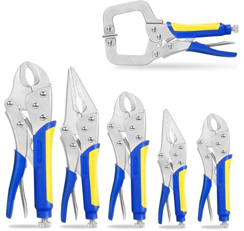 Evertools 6-Piece Locking Pliers Set, Heavy Duty Vice Grips Plier Set, 5,7 & 10 Curved Jaw Locking Pliers, 6-1/2 & 9-1/2 Long Nose Locking Pliers, 6 Locking C-Clamp, for Welding, Metal Bending