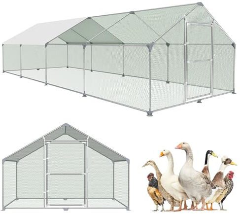 SUBTLETY Gallinero de metal de 3 x 8 x 2 m, con superficie de rodadura de 24 m², puerta y cerrojo y techo de polietileno, cercado al aire libre para gallinas, animales pequeños y plantas