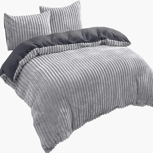 Visaggio 3-teilige Winter Bettwäsche 200x220 cm Teddy Plüsch Cord Streifen Cashmere Touch Nicky Coral Fleece Grau