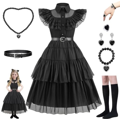 Raqieman Mittwochskostüm für Kinder, Mädchen-Halloween-Kostüm, Mädchen-Karneval-Kostüm für Mittwoch mit Accessoires, Addans Kleid, Mittwochskostüm für Karneval 4–12 Jahren (150)