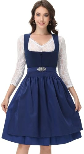 ELFIN Damen Dirndl, Elegante Trachtenkleid, Samt Midi Dirndl Damen Trachten Dirndlkleid für Oktoberfest, Blau, 38