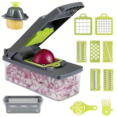 True Face 12 in 1 Vegetable Chopper Slicer Cutter Dicer Peeler Set – Multifunctional Kitchen Tool for Fruits, Veggies, Onion, Potato – Easy to Use & Clean with Storage Container Grey One Size