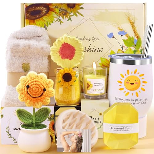 LIVEHITOP Geschenke für Frauen, Sonnenblume Geburtstagsgeschenk für Frauen, 10PCS Geschenkset Inklusive Isolierter Becher Valentinstag Muttertag Weihnachtstag Geschenkideen Mama, Schwester, Freundin