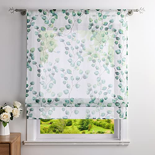 Cortina semitransparente con diseño de hojas verdes, aspecto de lino, con ganchos, 60 x 140 cm