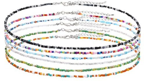 JewelryWe Boho Choker Halskette mit Perlen: 6 Stück Bunt Regenbogen Perlenkette Verstellbare Choker Kette Sommer Strand Halsschmuck Bohemian Hawaii Stil Schmuck Y2K Geschenk für Frau Teenager Mädchen
