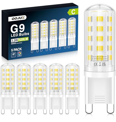 QOJUX G9 LED Kaltweiss 3.2W, 520LM Energieeffizienzklasse C LED Leuchtmittel Ersatz für 40W-50W Halogenlampe, 6000K G9 Glühbirne Kein Flackern, Nicht Dimmbar, Enegiesparende Kleine Birne 5er Pack