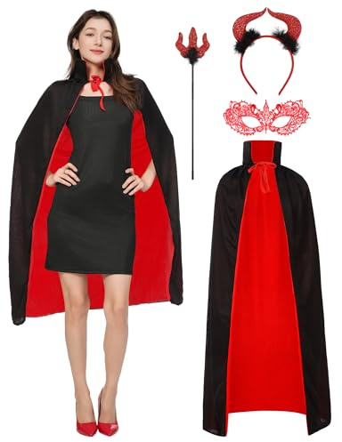 NMKL 4Pcs Halloween Devil Costume Women Set Reversible Devil Cloak with Devil Horns Headband Devil Fork and Eye-mask for Cosplay Party Outfit