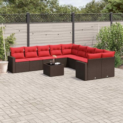 Gecheer 11-TLG. Garten-Sofagarnitur mit Kissen Braun Poly Rattan, Outdoor Lounge Sitzgruppe zum Entspannen für Terrasse und Garten3219514