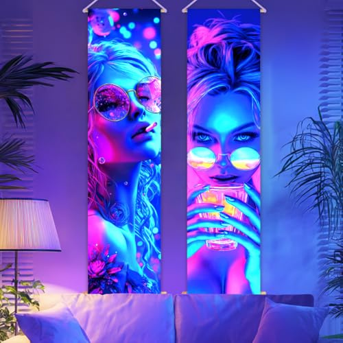 CRAFTYMELODY 2 Packung Schwarzlicht Wandteppich Für Coole Frauen Im Dunkeln Leuchtend UV Reaktiv Anime Wandbehang 12.915.1 x (7)(6) cm Mit Seil