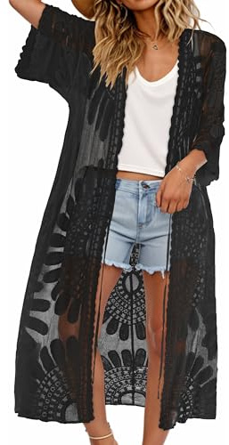 Womens Beach Coverups Lace Kimono Cardigan Open Front Swimsuit Bikini Tops | soft and lightweight, relaxed fit, see through lace patterns, half sleeve, elegant cover up for beach parties and vacation