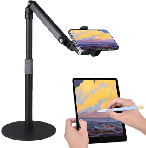 Overhead Trépied pour téléphone portable, table pour filmer, support de téléphone portable, support en acier au carbone, hauteur réglable 18-70 cm, angle réglable à 360 degrés pour l'enregistrement