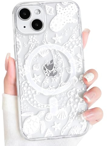 NITITOP for iPhone 13/14 Case Magnetic Cute Oceanic, White Turtle | for Women Girls, Cute Ocean Pattern Design,Compatible with MagSafe,Shell Whale Animal, Hard PC Back Shockproof Cover
