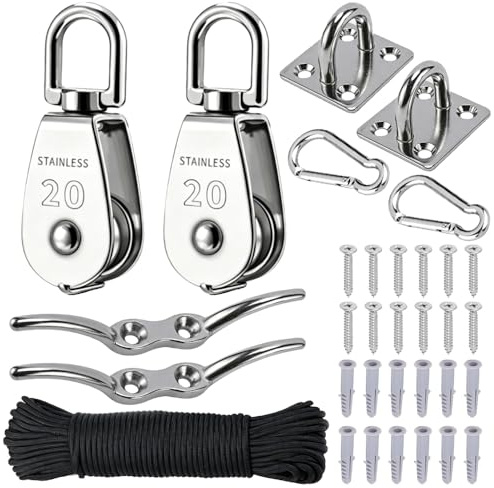 RNPKZ M20 Edelstahl Flaschenzug Riemenscheibe, Umlenkrollen für Seile, 9 Stück Flaschenzug Set, Nylon Seil Karabiner Clip & Augenpolster Platte, für Klettern Sonnensegel Fitness, Tragkraft 100KG