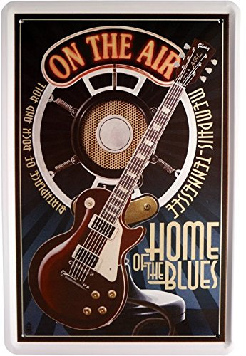 WOGEKA ART Retro Blechschild Musik Gitarre Home of the Blues witziger Spruch als Geschenk-Idee zum Geburtstag Weihnachten zur Dekoration 20x30 cm Vintage-Design aus Metall 850