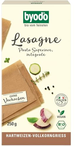 Byodo Lasagne à grains entiers bio – laminé traditionnellement, végétalien, halal et casher, sans précuisson nécessaire, idéal pour les plats Al Forno, semoule de blé dur italien bio (12 x 250 g)