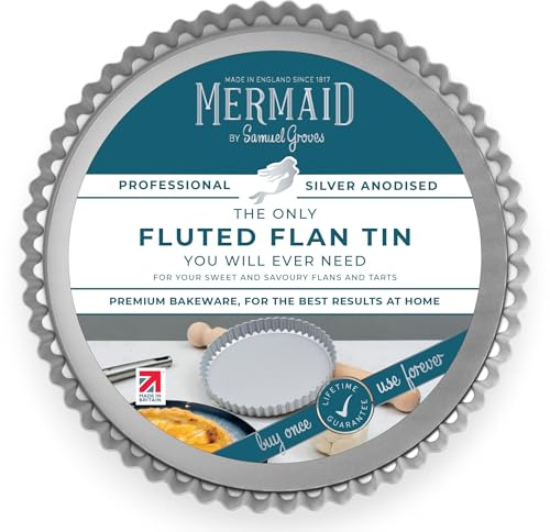 Mermaid 11 Silver Anodised Fluted Flan Tin Loose Base 28 x 2.5 cm – Non Toxic Professional Heavy Duty Aluminium, Naturally Non Stick, Silver Anodised Bakeware - Made in England by Samuel Groves