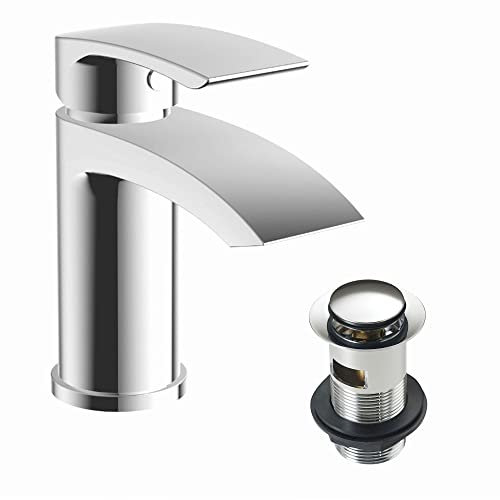 Bathroom Basin Mono Mixer Tap Modern Bathroom Waterfall Bain Mixer Tap Luxury Sink Washbasin Pop-Up Plug Sleek Single Lever Bathroom Tap with Bathroom Slotted Clicker Waste Plug - Brass