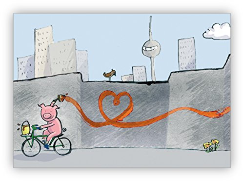 16 Grußkarten (16er Set): Süße Berliner Liebeskarte mit kleinem Herz malendem Schweinchen • schöne Gruss Klappkarte mit Umschlag für Freunde und Familie