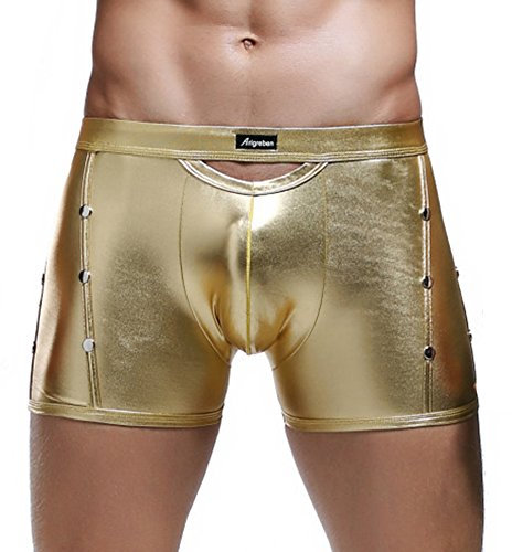Mendove Men's Patent Leather Boxer Trunks Metallic Pants UK L Gold