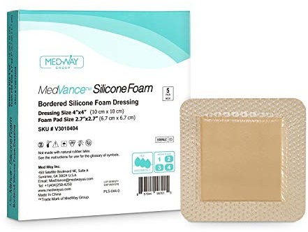 MedVance TM Silicone - Bordered Silicone Adhesive Foam Dressing Size 10 cm x 10 cm (7 cm x 7 cm pad), Box of 5 dressings