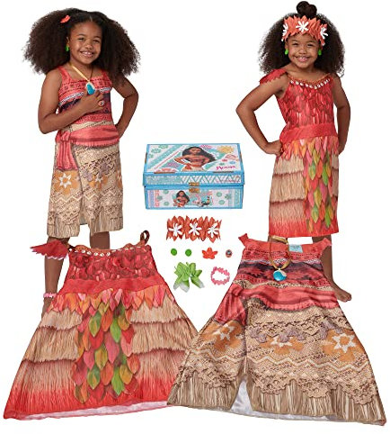 Disney Princess Zwei Kleider im Vaiana-Style, 11-teilig, mit viel Zubehör, in Einer Kister aufbewahrt, für Kinder mit Einer Größe von ca. 94-126 cm im Alter von ca. 4-6 Jahren, 221344-VAI