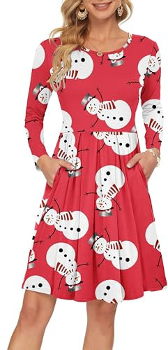 AUSELILY Women's Long Sleeve Pleated Loose Swing Casual Dress with Pockets Knee Length Red Snowman L
