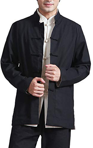 Herren Reversibel Beide Seiten Mantel Jacke Tang-Anzug Chinesisch Traditionell Lange Ärmel Kampfkunst Kung FU Hemd Leinen Damen (Schwarz, 5XL)
