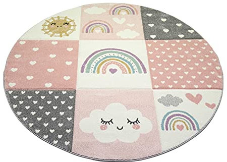 Teppich-Traum runder Kinderzimmer Teppich Spielteppich Regenbogen Herzchen Wolken rosa Creme grau Größe 120 cm Rund