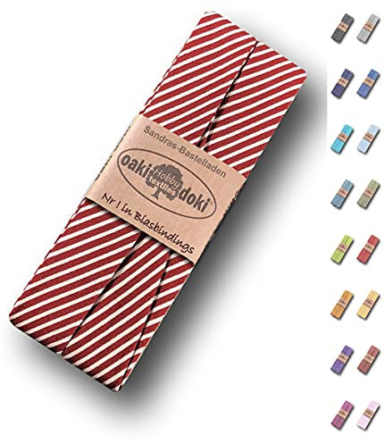 Sandras-Bastelladen Schrägband/Einfassband Baumwolle gefalzt 3m x 20mm - Streifen Muster 6014-Dunkelrot-Weiß