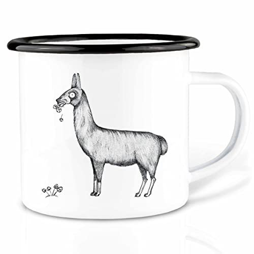 Ligarti Emaille Tasse (leicht & robust) | Camping Becher handveredelt in Deutschland | Trinkbecher für Kinder, Kaffeetasse, Emaillebecher | Verfressene Tiere (Lama, 300ml)