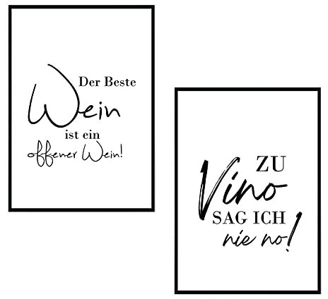 Set - Poster Bild DIN A4 - Zu Vino sag ich nie no - Die Geschenkidee für Weinliebhaber - Plakat Spruch lustiges Wein Geschenk Wine Sprüche Typografie schwarz weiß Küche Wohnzimmer Deko (Vino 2)