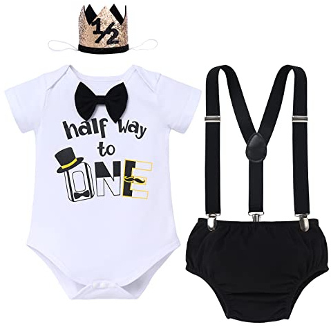 Infant Baby Boy 1/2 Half Way to One Birthday Party Outfit Cake Smash Outfit Bowtie Romper+Diaper Cover Pants+Y-Back Suspenders + Birthday Hat 4PCS Set Gentleman Clothes Photo Shoot white+black+half 6M