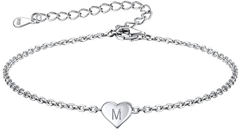 FOCALOOK Herzarmkettchen mit M Initialem Buchstabe Frauen Mädchen Armband in S925 Silber Mode Armkette 16cm Armkettchen Charm-Armband Oberarm Schmuck Accessoire