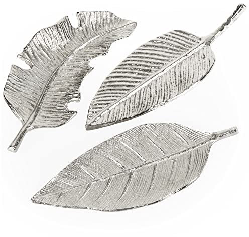 com-four® 3X Deko-Blatt aus Metall - dekorative Teelichtuntersetzer - Moderne Raumdekoration - silberfarbende Blätter als Untersetzer [Auswahl variiert] (3 Stück - 20x7 cm)