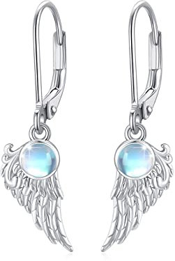 Engelsflügel Ohrringe 925 Sterling Silber Engel Flügel Dangle Ohrringe Mondstein Engel Ohrhänger Creolen Schmuck Geschenke für Frauen Mädchen