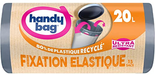 Handy Bag Rollos de 15 bolsas de basura de 20 L, cierre elástico, 80% plástico reciclado, cierre elástico con asas deslizantes, 3 capas a prueba de fugas, 45 x 50 cm