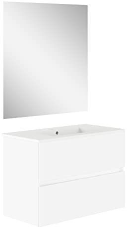 Baikal, Conjunto de baño Natura. Mueble de Baño de Fondo Reducido, con Lavabo cerámico. Distribución Dos Cajones. Mueble MONTADO. Dos Cajones con Espejo. Fondo 39cm 80 cm Blanco