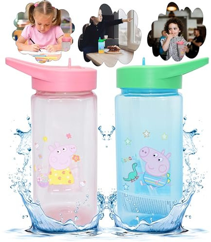 SRV Hub 2 x Wasserflaschen mit Strohhalm, 420 ml, 16 cm, Kunststoff, quadratisch, BPA-frei, Trinkhalm für Kinder ab 6 Monaten (Peppa und George Pig)
